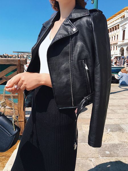 

2021 new fashion women motorcycle pu leather jackets female autumn short epaulet zippers coat black pink outwear jfie