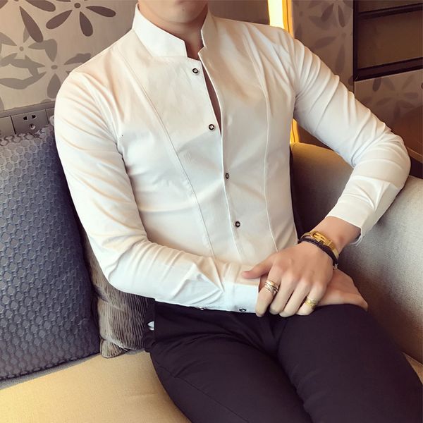 

2021 new brand mens boutique cotton solid color fashion stand collar casual long-sleeved men slim leisure shirts 30ch, White