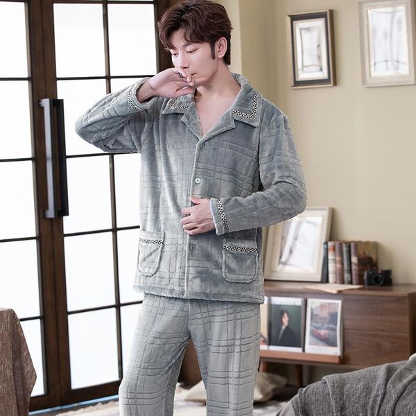 

men's sleepwear winter pajamas set men flannel pyjama warm plush big size man pure color homewear 2021 fashion pjs, Black;brown