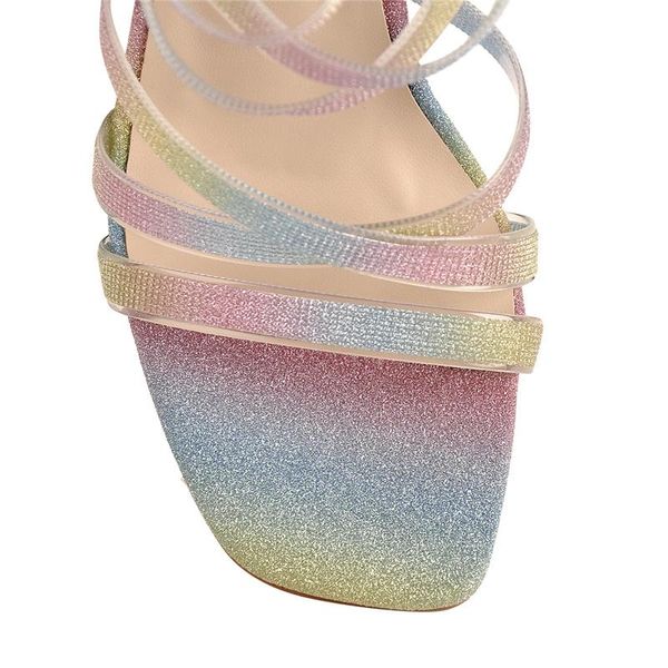 

onlymaker women's rainbow color grit sandals criss cross high heel square open toe stilettos ankle strap golden buckle tapered, Black