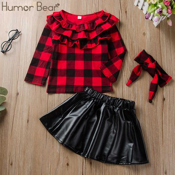 

humor bear baby girl clothes sets plaid american style children clothing suit 3pcs long sleeve leather skirt+headband set x0902, White