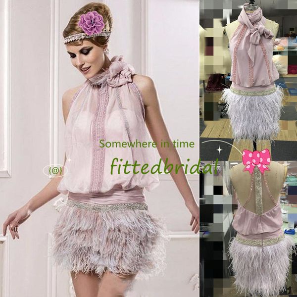 

vintage great gatsby pink high neck short cocktail dresses with feather sparkly beaded backless prom party occasion gowns, Black