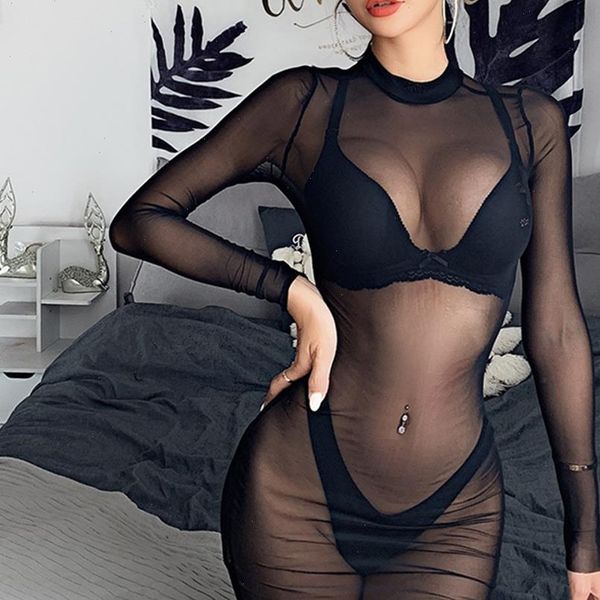 

women see through mesh sheer bikini cover up swimwear long sleeve one piece beach dress clubwear party bathing suit, Black;gray