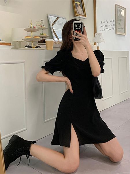 

casual dresses black french dress for women 2021 puff sleeve office lady korean style summer vestidos bodycon long robe femme j5o, Black;gray