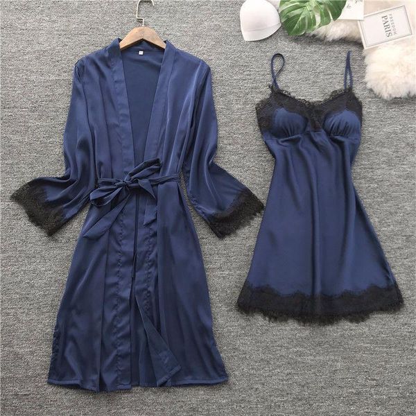 

women's sleepwear brand robe & gown sets twinest bathrobe + mini night dress two pieces womens sleep set faux silk, Black;red
