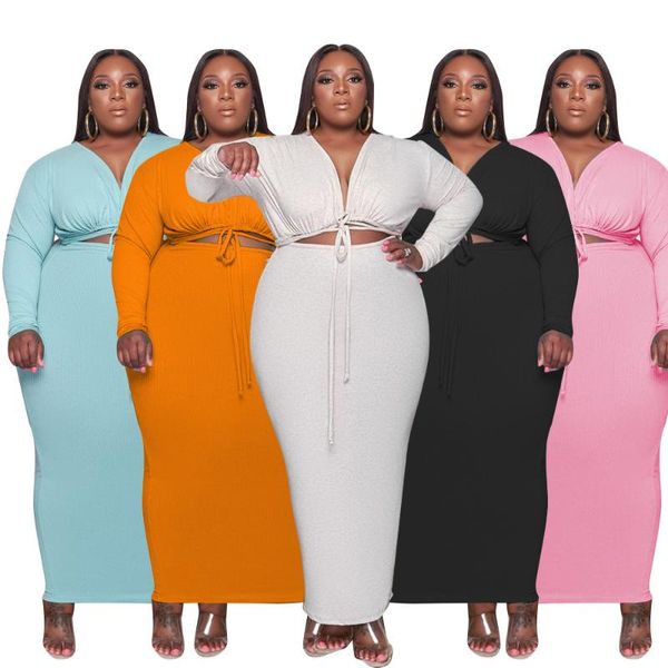 

casual dresses arrivals women pure color ankle-length dress plus size xl-5xl v-neck lace-up hollow out bodycon ottoman autumn, Black;gray