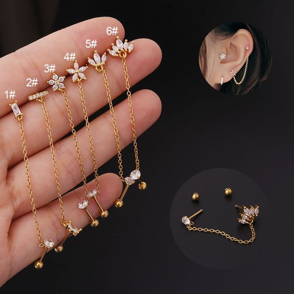 

1piece double pierced chain stud earrings for women trend korean fashion jewelry piercing flower zircon earrings for teens, Golden;silver