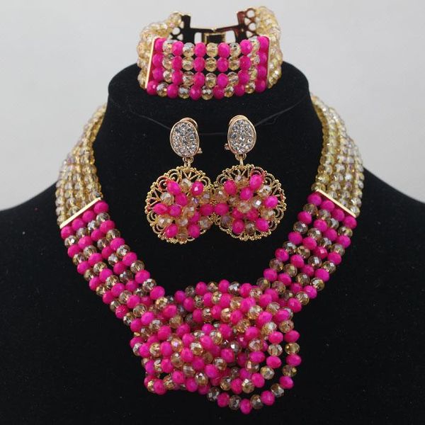

earrings & necklace 2021 nigerian wedding african beads jewelry set crystal special fushia and champagne 4 layers alj681, Silver