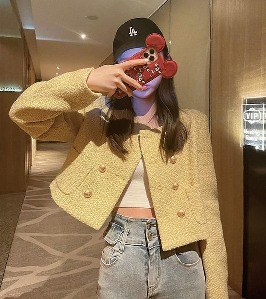 

women's jackets yellow vintage tweed short coat autumn winter ol work wear elegant single-breasted long-sleeved jacket, Black;brown