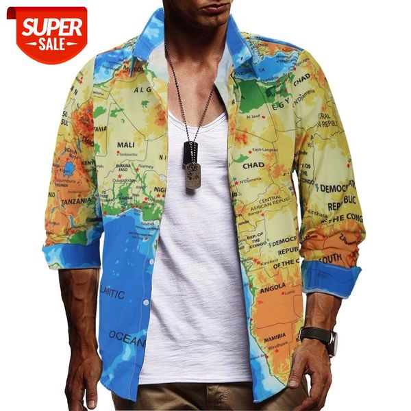 

men's shirt summer fashion print map edition long sleeve shirt casual slim cotton men's size 3xl #b53y, White;black