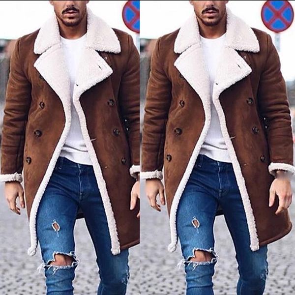 

men's jackets 2021 fashion fur fleece trench coat overcoat lapel warm fluffy jacket outerwear, Black;brown