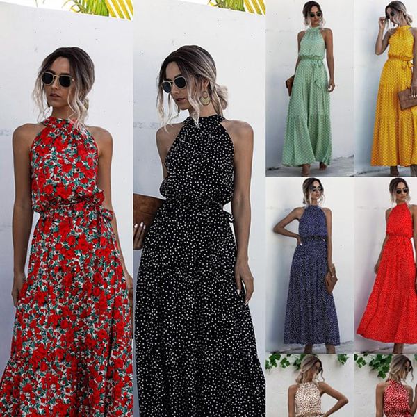 

maxi dresses for women 2021 summer dot amp floral print boho halter long dress evening party beach dress sundress vestidos, Black;gray