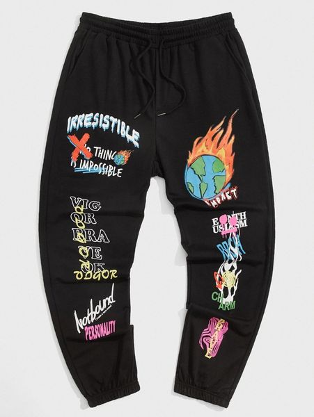 

men slogan graphic drawstring waist sweatpants t0jl#, Black