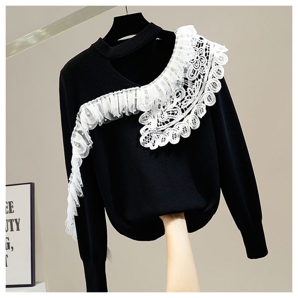 

turtleneck for women sweet lace beads plied lace pullover sweaters mesh chic upper black white lady 16b8, White;black