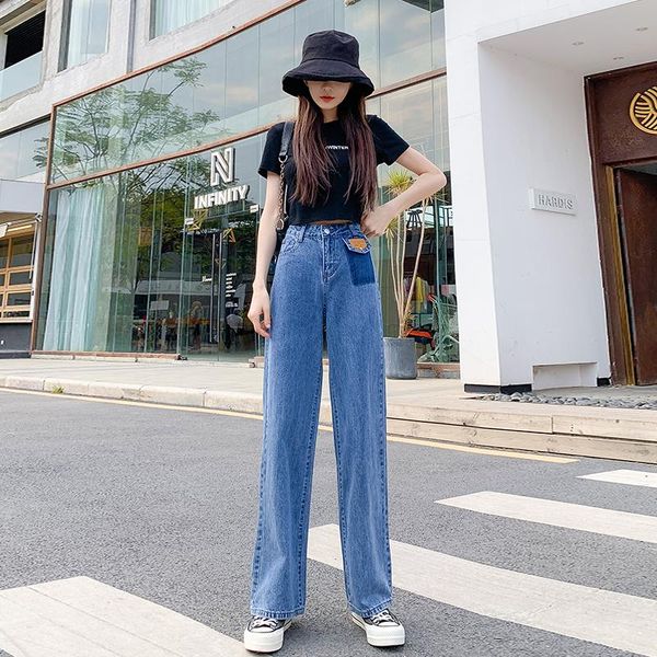 

women's jeans fall 2021 high waist non-stretch loose personality faux pocket fashion slimming and straight wide leg mop pants, Blue