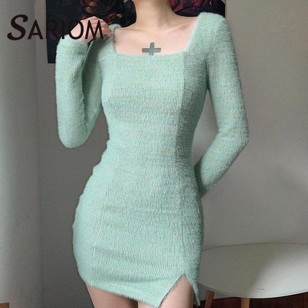 

furry knitted sweater bodycon mini dress women jurken winter 2021 square collar long sleeve night party dresses robe pull femme, Black;gray