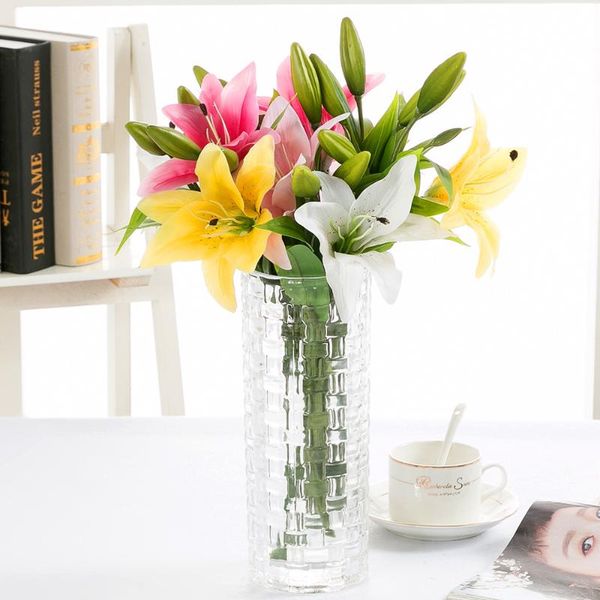 

3 heads real touch artificial lily flowers wedding bridal silk fake flower bouquet white lily plants christmas home party decor