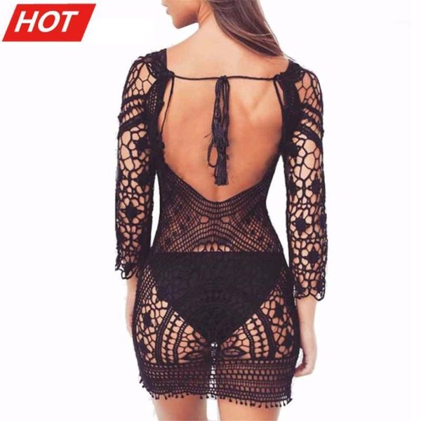

black lace crochet knitted backless tunic beach cover up cover-ups dress wear beachwear female women v367 women's swimwear, White;black