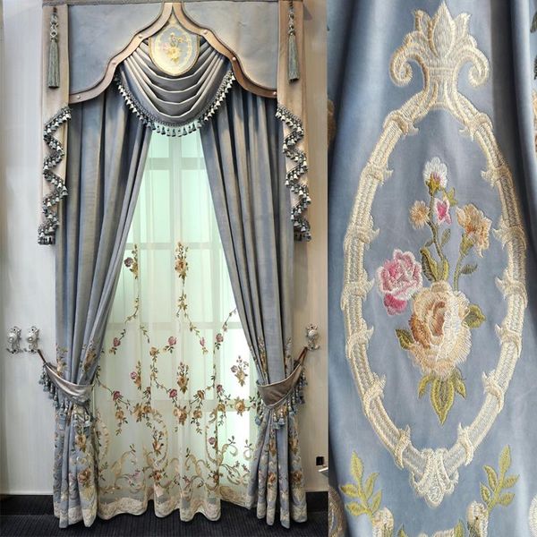 

curtain & drapes european luxury light blue velvet embroidered curtains for villa living room upscale el bedroom window decoration