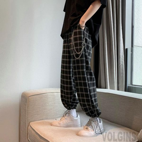 

men's pants plaid with chain wide leg harem streetwear men nice summer hip hop casual trousers fashion male, Black