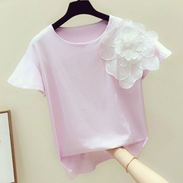

tri-dimensional flower female shirt summer 2021-neck short sleeve t casual cotton ladies duvw, White