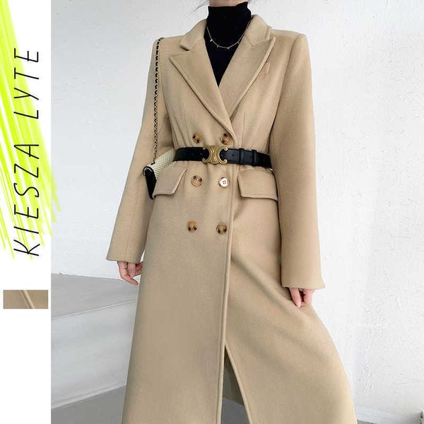 Mode Frauen Wolle Jacken Warme Koreanische Stil Büro Dame Elegante Khaki Lange Mantel Oberbekleidung 210608