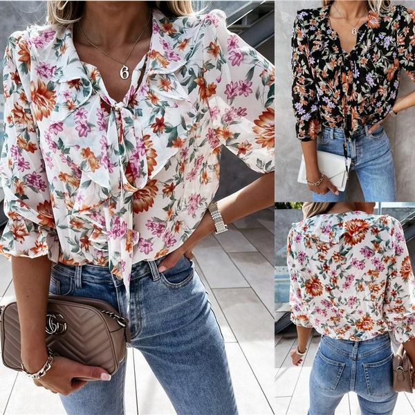 

women's t-shirt 2021 summer women pleated floral print lace up blouses casual puff sleeve turndown collar shirts clothes, White