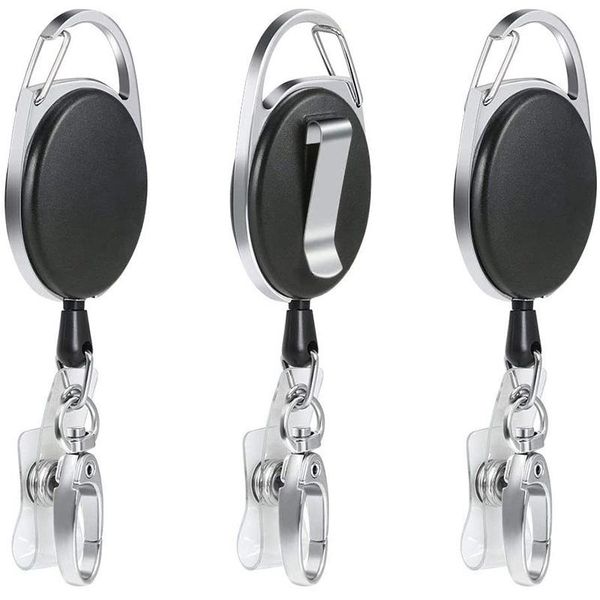 

keychains badge reel,3 pcs reel clips retractable holder with key belt for ring id card, Silver