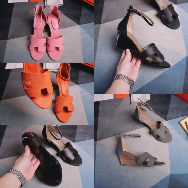 

2021 spring / summer designer women's slope heel sandals classic multi color leather banquet party beach open toe shoes 7cm height size, Black