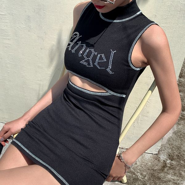 

streetwear slim sleevelsee dress gothic women bodycon hollow out letter diamonds dear mini dress 2021 summer new, Black;gray