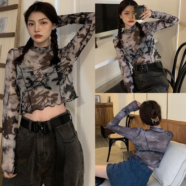 

women's t-shirt summer patchwork short tie dye women long sleeve v-neck slim street bottoming female sunscreen tee shirt, White
