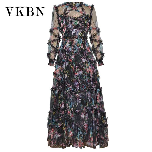 

casual dresses vkbn flower summer dress women long sleeves printing turtleneck chiffon fairy maxi for clothes, Black;gray