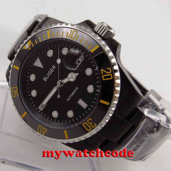 

wizard black 40mm plate bliger pvd case ceramic hazel sapphire crystal automatic mens watch, Slivery;brown