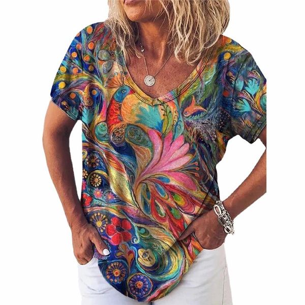 

women's t-shirt women t shirts floral print loose pullover v neck short sleeve shirt female beach streetwear clothing summer tees, White