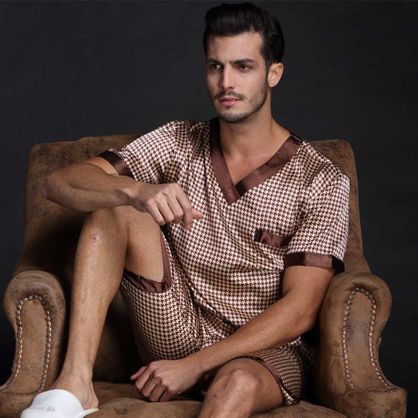 Thoshine бренд весна лето осень мужчин сатин шелк пижамы наборы футболки шорты мужские пижамы пижамные одежда досуя дома одежда 210918