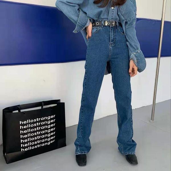 

women's jeans fashion women straight wide leg for loose bf 2021 summer autumn female high waist casual stretch denim pants wj317, Blue