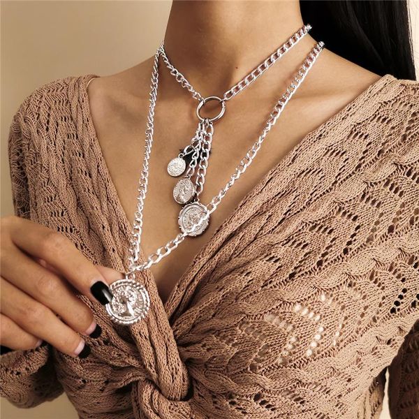 

chains luokey vintage multi layered round coin portrait necklaces chunky chain women punk gothic pendant necklace female choker jewelry, Silver