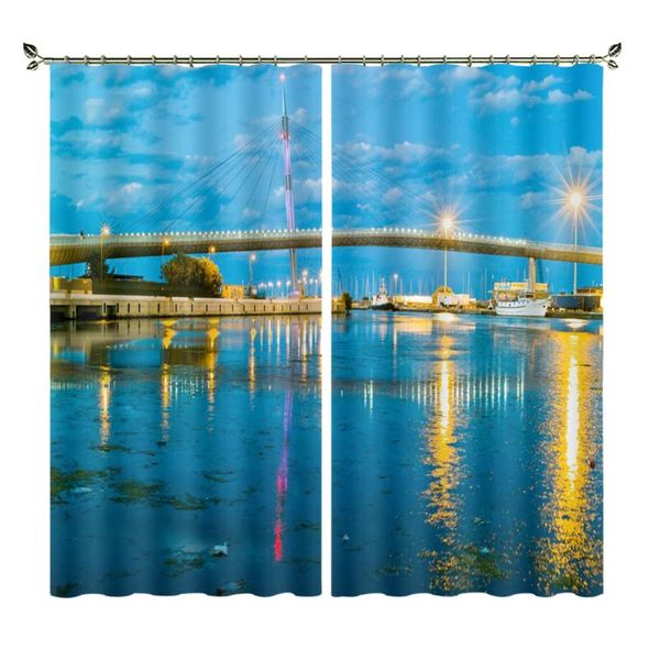 

curtain & drapes blue-yellow bridge evening insulation foreign trade shading material curtains suitable for living room diy picture printing