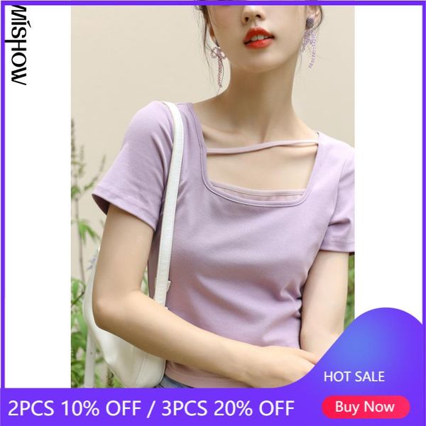 

women's t-shirt mishow black summer 2021 cotton knitted hollow slim fake two-piece ins crop girls tees mxa26t0060, White