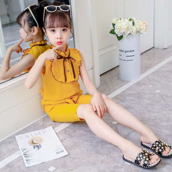 

girls' leisure suit 2021 new summer wear middle school children's ruffle collar chiffon two piece set fashion, White