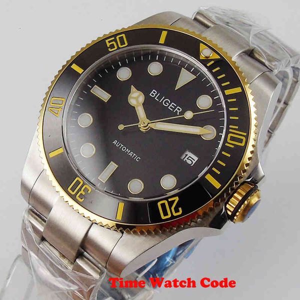 

nh35 lightning 4m sapphire japan gentlemen automatic watch black dial date window oyster bracelet gold ceramic rotary bezel, Slivery;brown