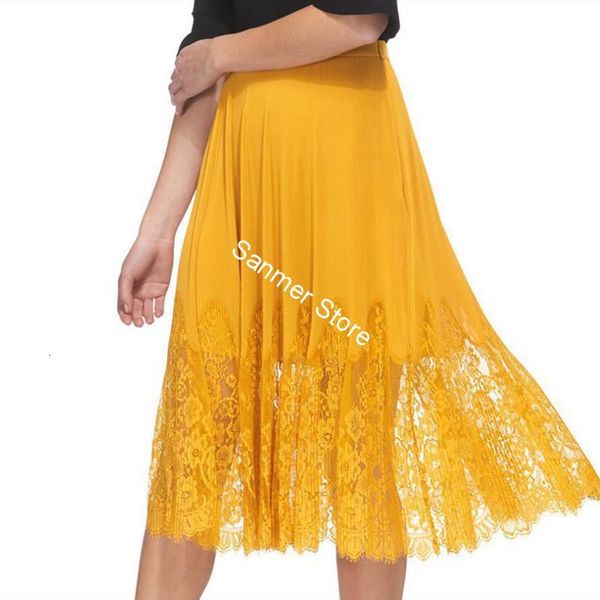 

2021 new saias plissadas femininas rendas costura cintura alta primavera vero senhora midi saia nova hwlc, Black