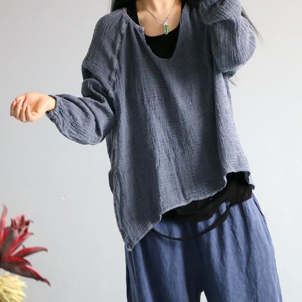 

women's t-shirt women 2021 autumn linen vintage solid color t-shirts o-neck full sleeve loose casual pullover, White