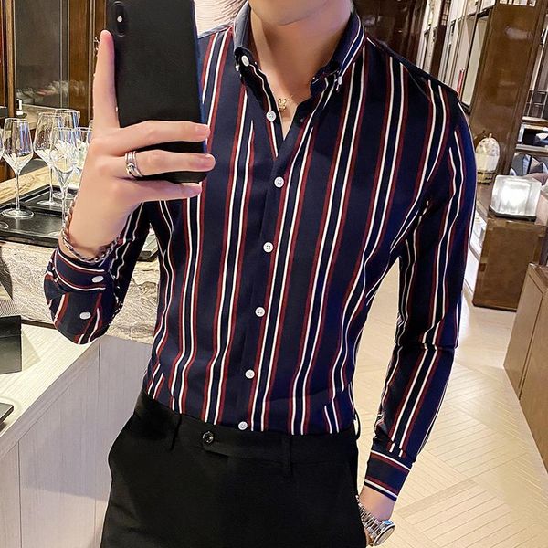 

men's casual shirts mannen zakelijke gestreepte shirt lange mouw voorjaar nieuwe mode slanke zwart wit, White;black