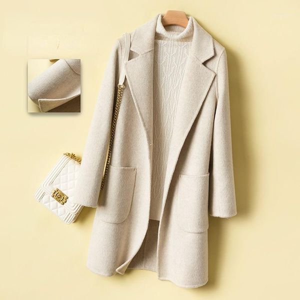 

women's wool & blends women 2021 autumn winter clothing coats jackets chic slim lapel long sleeve woolen coat ladies elegant outerwear, Black