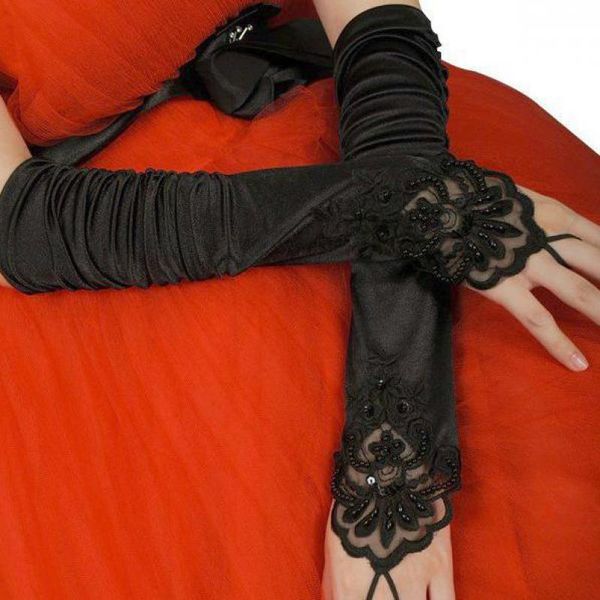 

bridal gloves long for wedding lace appliques fingerless black beading womens white