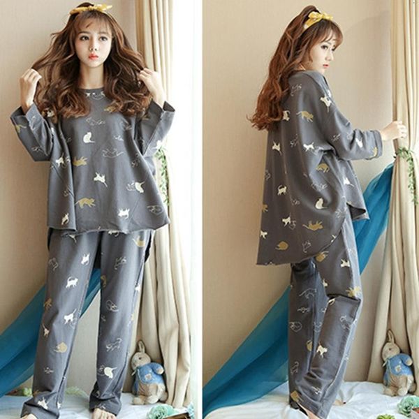 

women autumn winter pajamas set cartoon printed long-sleeved three cat print o-neck pajamas sleep pants feme, Black;red