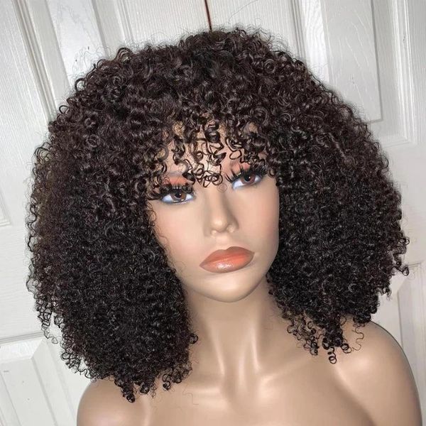 

lace wigs bouncy kinky curly 100%human hair front with bangs 360 frontal silk base for women peruvian remy 200%, Black;brown