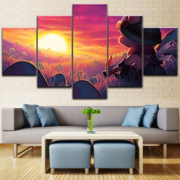 Stampa su tela Pittura Wall Art League Of Legends Poster del gioco 5 pezzi Paesaggio Campo Fungo Tramonto Teemo Picture For Kids Room