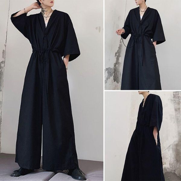 

men's pants incerun2021 fashion men casual half sleeve black overalls loose solid color rompers cotton baggy harem streetwear jumpsuit